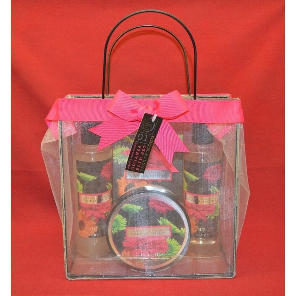 Simple Pleasures Organza Vanilla Bloom Bath Set 4 Piece Plus Carry Bag NWT